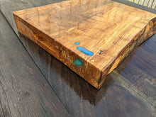Load image into Gallery viewer, Beech kitchen board with Blue Epoxy detail. Measures 40cm by 33cm