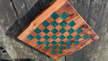 Load image into Gallery viewer, Rustic Wych Elm chess board with green squares
