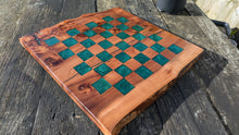 Load image into Gallery viewer, Rustic Wych Elm chess board with green squares
