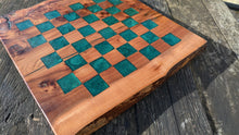 Load image into Gallery viewer, Rustic Wych Elm chess board with green squares
