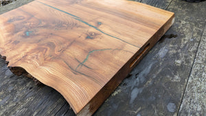 Extra large Wych Elm Chefs board with green highlights