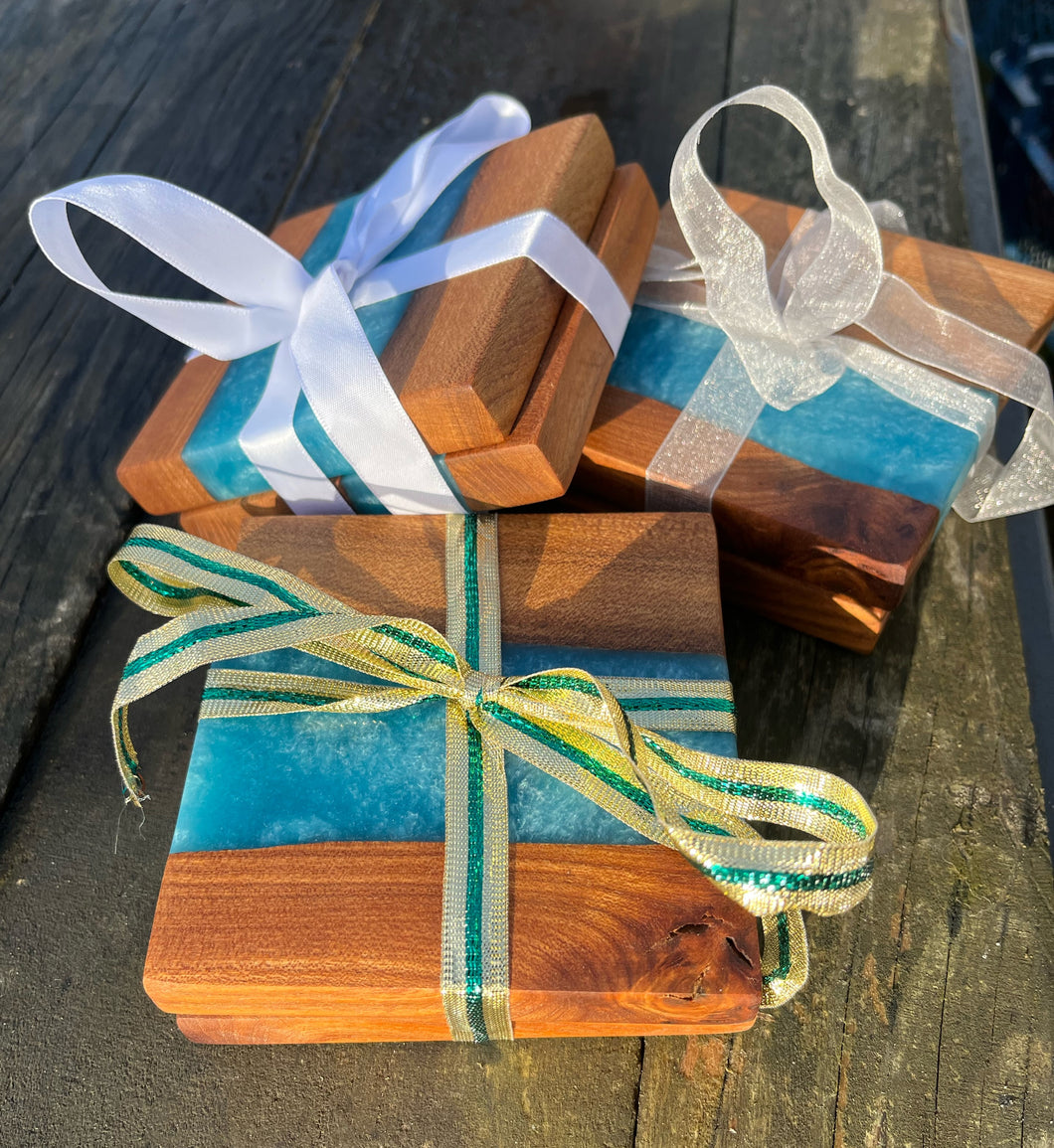 Set of two Blue epoxy and wood Coasters