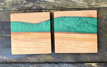 Load image into Gallery viewer, Set of two Green epoxy and wood Coasters
