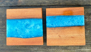 Set of two Blue epoxy and wood Coasters