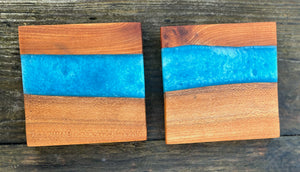 Set of two Blue epoxy and wood Coasters