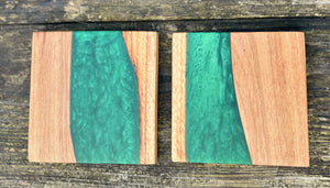 Set of two Green epoxy and wood Coasters