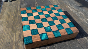 Walnut and teal resin chess board