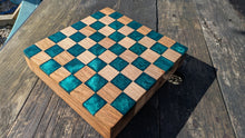 Load image into Gallery viewer, Walnut and teal resin chess board
