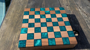 Walnut and teal resin chess board